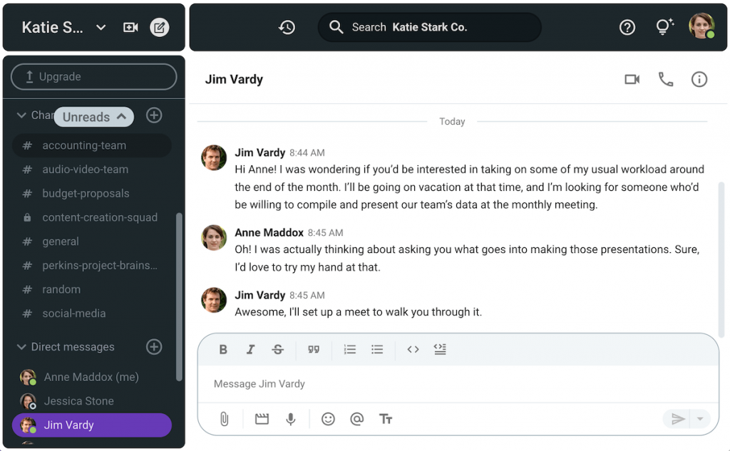 The delegating communication style can empower employees to develop their skills, as seen in this exchange on Pumble, a team messaging app