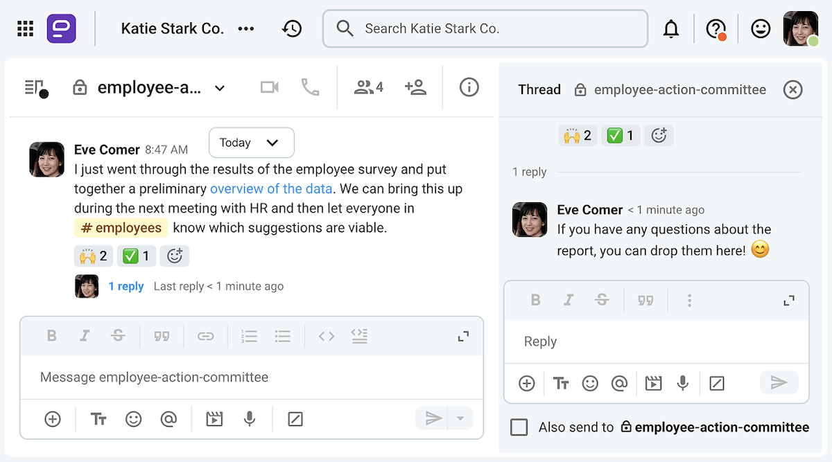 The employee committee delivers reports based on employee surveys on Pumble, a business messaging app