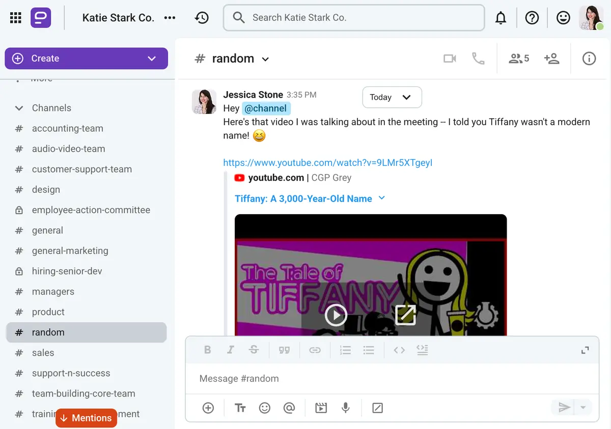 The #random channel in the Pumble team chat app gives your team a chance to discuss casual topics outside of business meetings