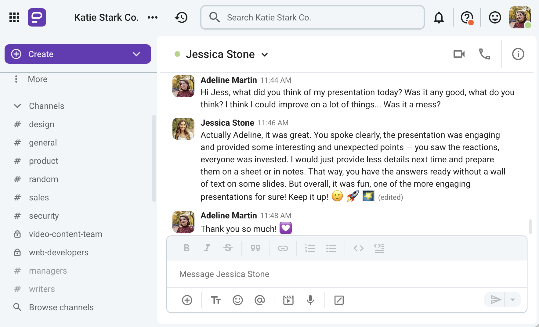 Using a DM to ask for feedback in Pumble, a team communication app