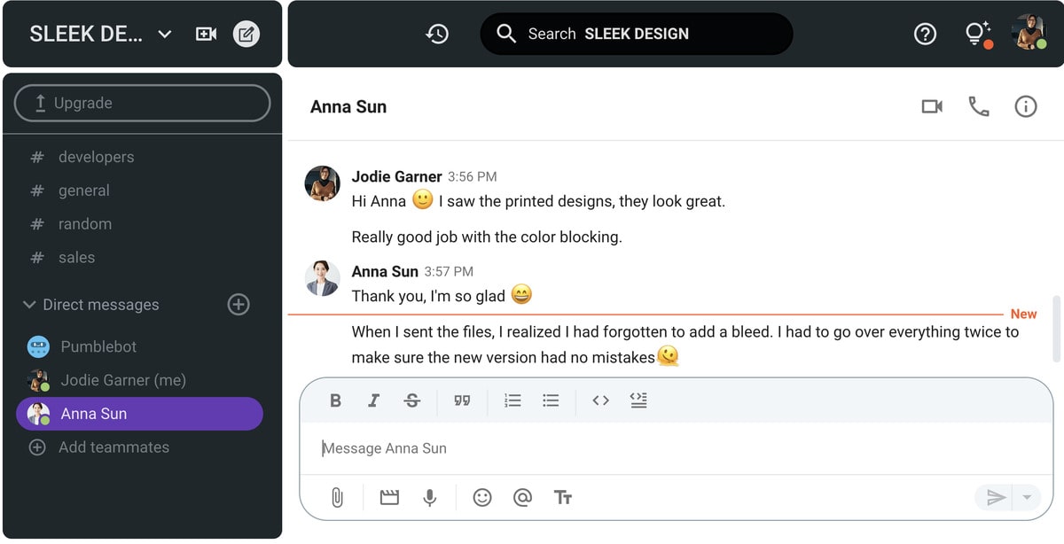 Using jargon while chatting with a coworker in Pumble, a team messaging platform
