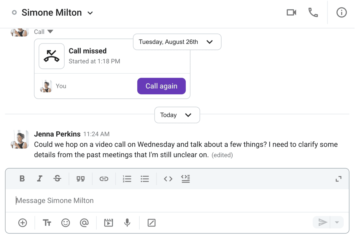 Using simple terms to arrange a meeting over Pumble, a business communication app