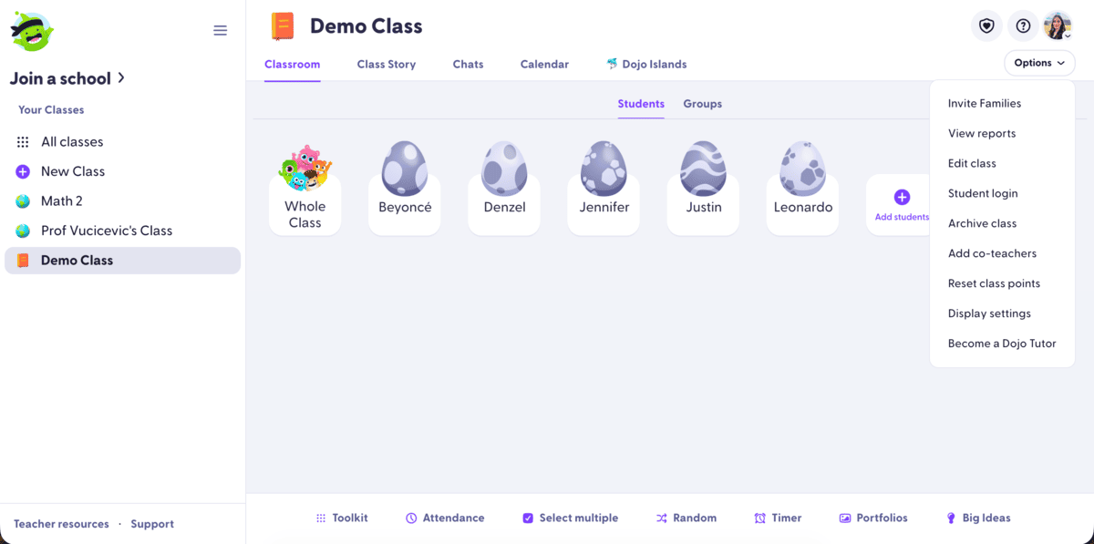 Classroom management in ClassDojo
