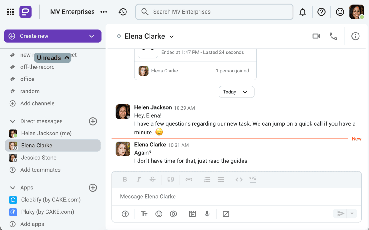 Example of negative communication in Pumble, a business messaging app