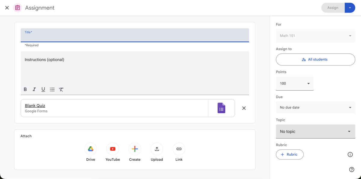 Creating assignments in Google Classroom