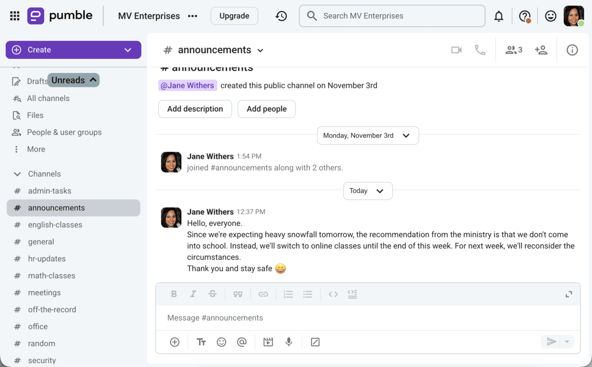 Announcement channel in Pumble
