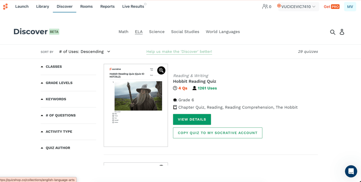 Socrative’s library of activities