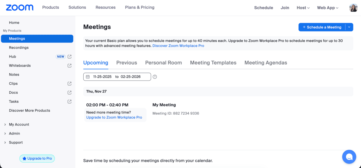 Zoom upcoming meetings page