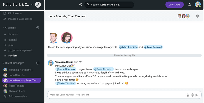 An example of a manager assigning a work buddy to a new employee  on Pumble (business messaging app)