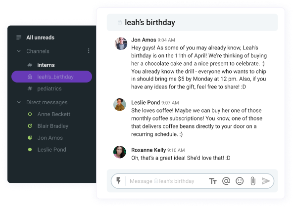 An example of a manager planning a birthday cake and a present for an employee  on Pumble (business messaging app)