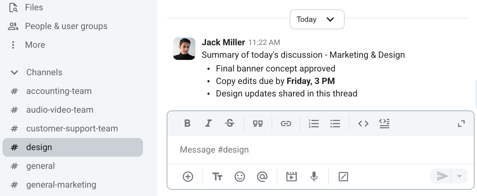 An example of a quick summary after diagonal communication on Pumble, a team communication app
