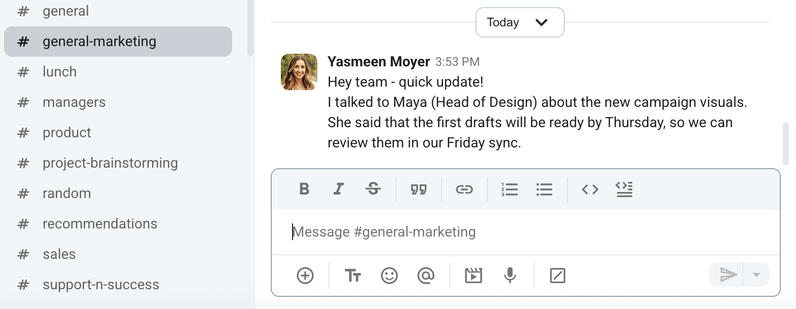 An example of a team update after diagonal communication on Pumble, a team collaboration app
