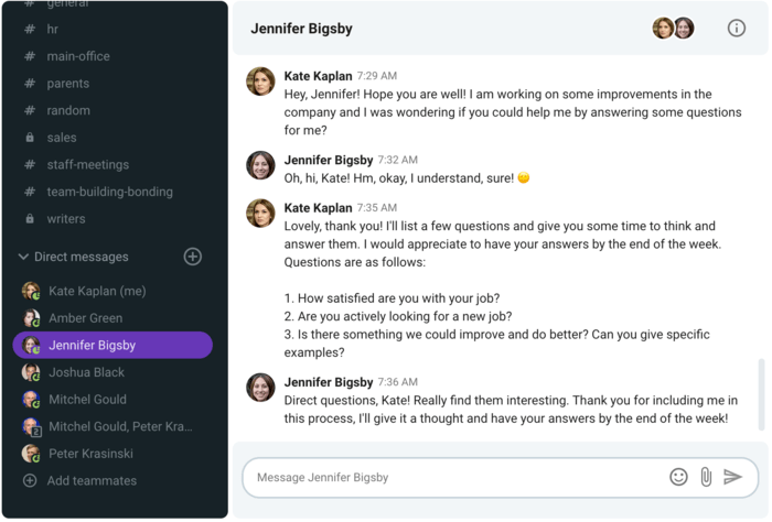 An example of asking for feedback (Pumble business messaging app)