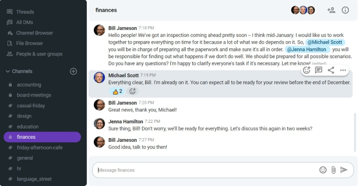 An example of clear delegation of roles (Pumble business messaging app)