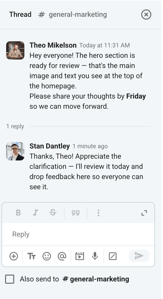 An example of clear, transparent communication between teams on Pumble, a business messaging app