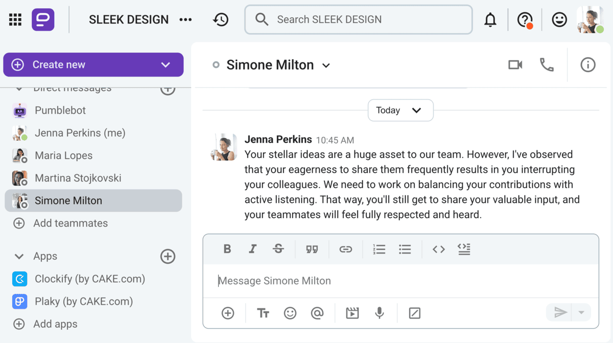An example of constructive criticism in a Pumble direct message