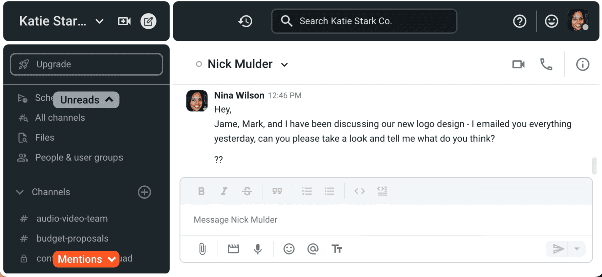 An example of the withdrawal communication style on Pumble, a business messaging app