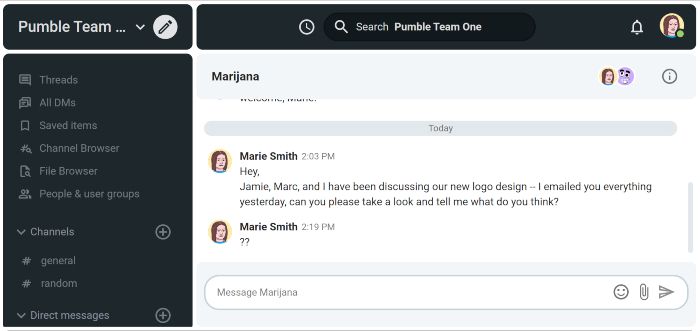 An example of withdrawal communication style on Pumble, business messaging app