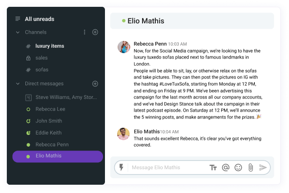 An example of a manager giving positive feedback (Pumble, business messaging app)