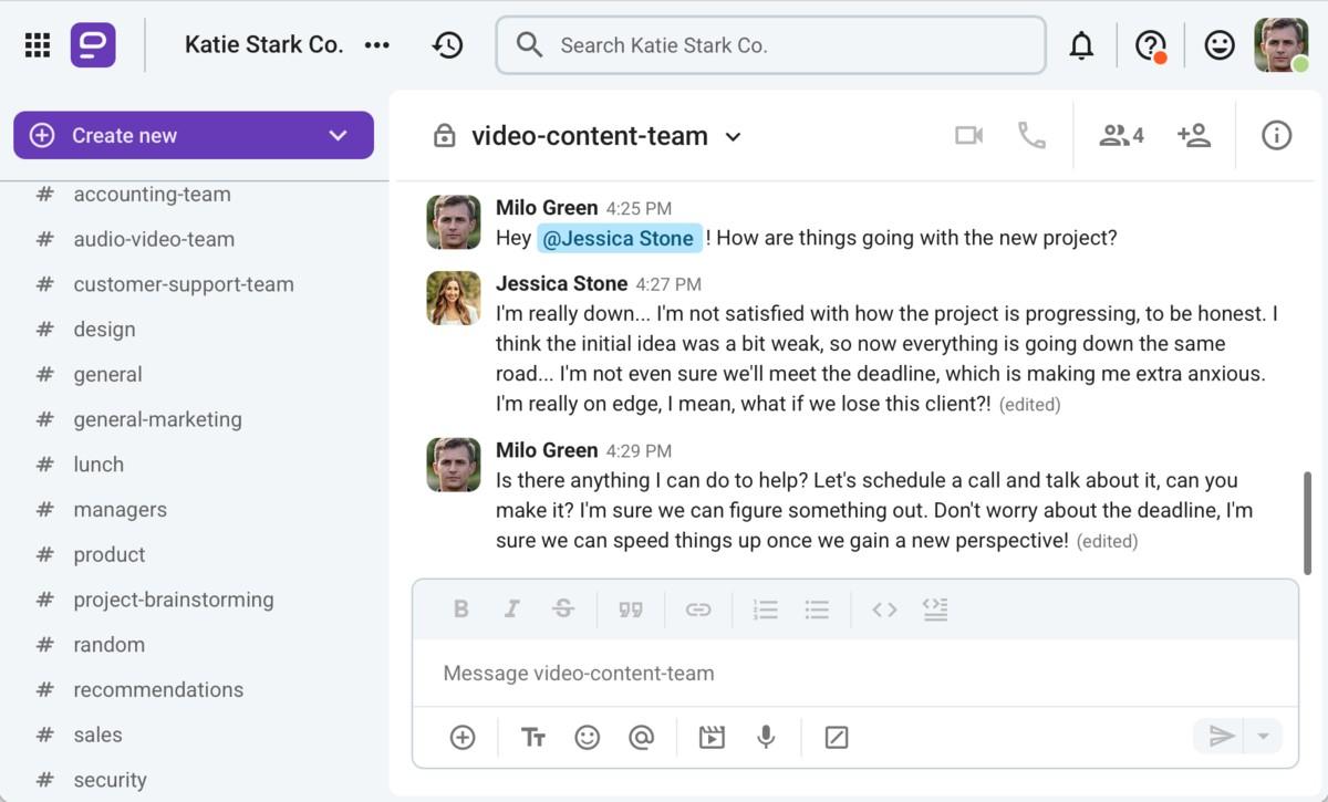 An example of the egalitarian communication style in Pumble, a team communication app