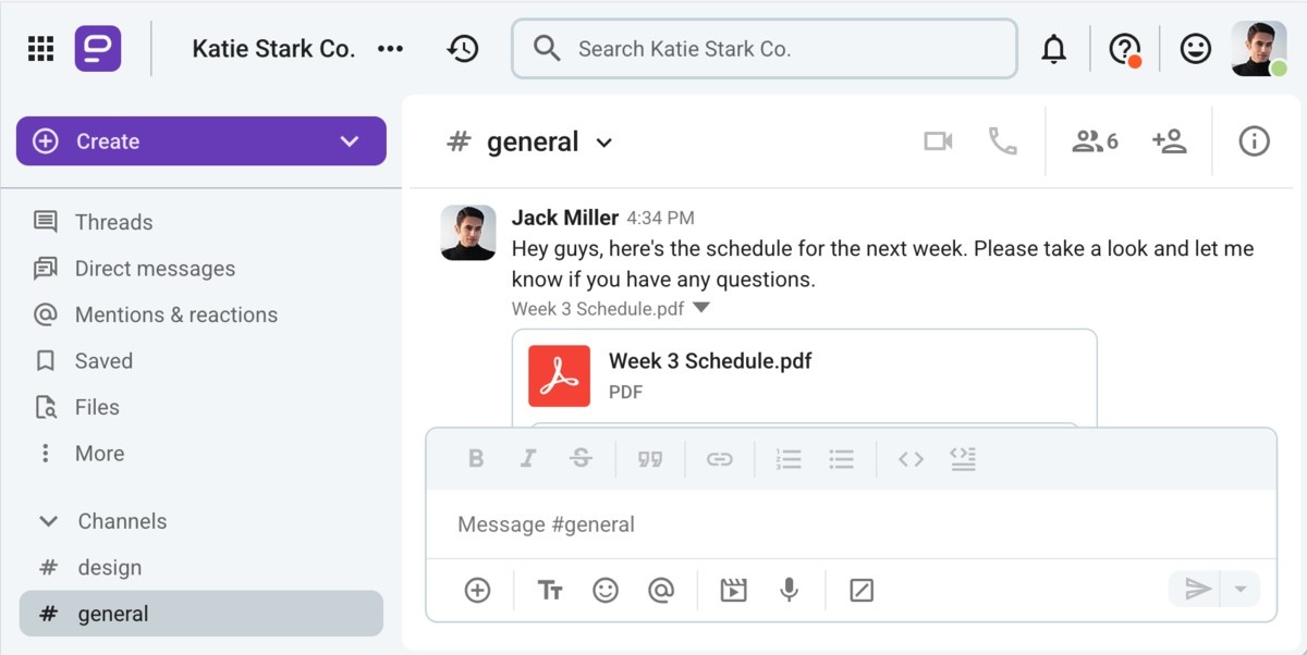An example of the structuring communication style in Pumble, a team communication app