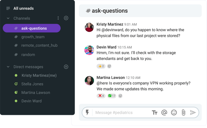 To make it easier for employees to ask questions, you can create an “ask-questions” channel in Pumble
