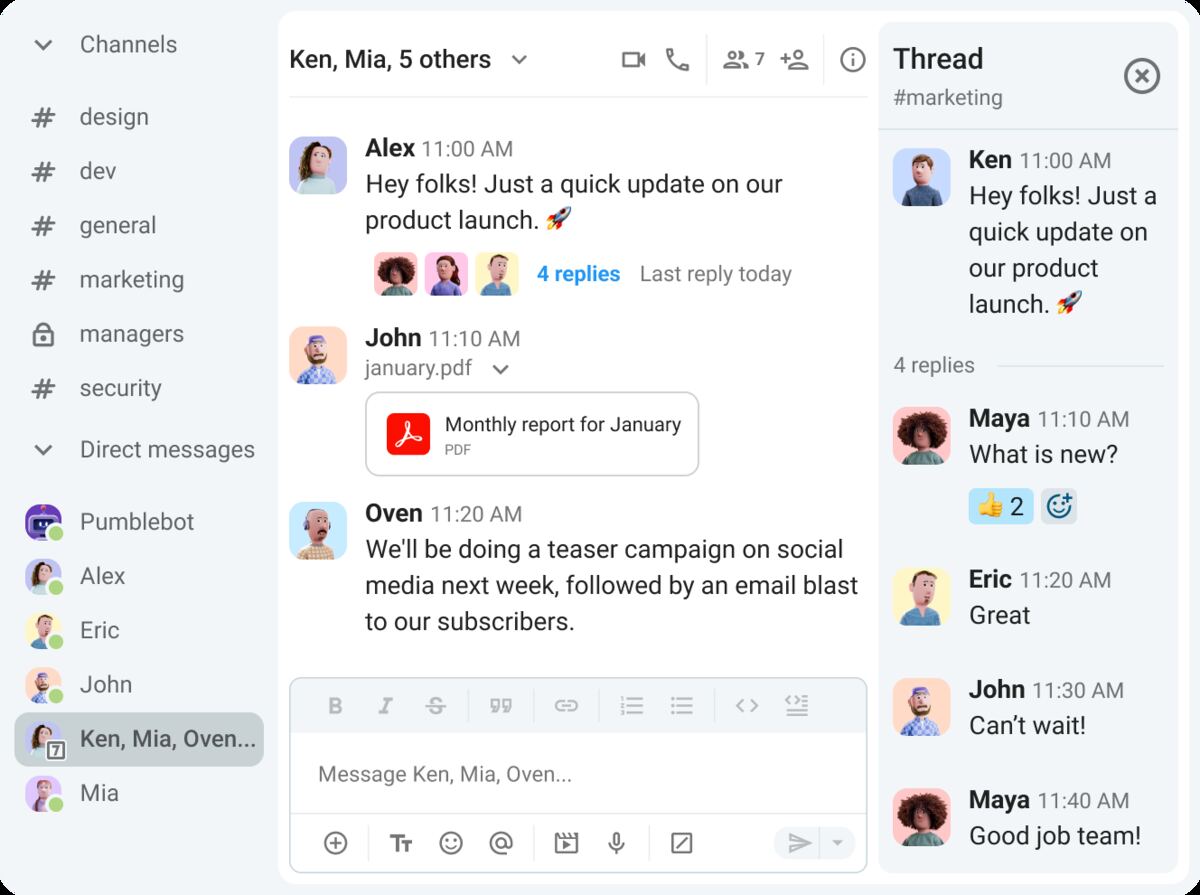 Use threads, DMs, and channels for seamless communication in Pumble