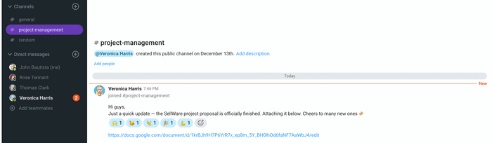 An example of sharing updates in a team channel on Pumble, business messaging app