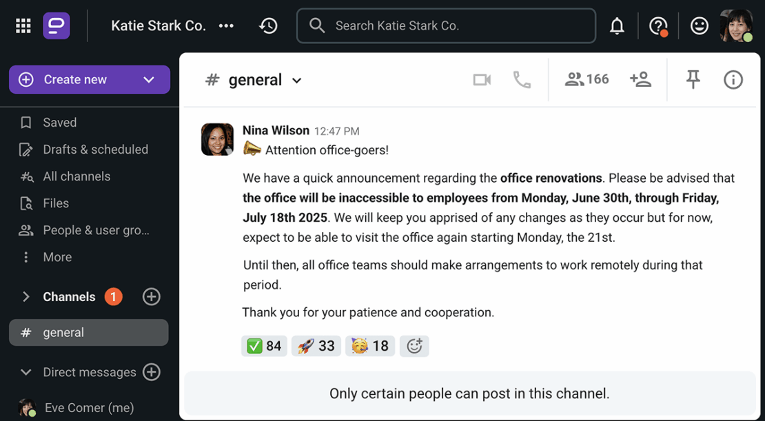 A company announcement issued on the #general channel on Pumble, the business messaging app
