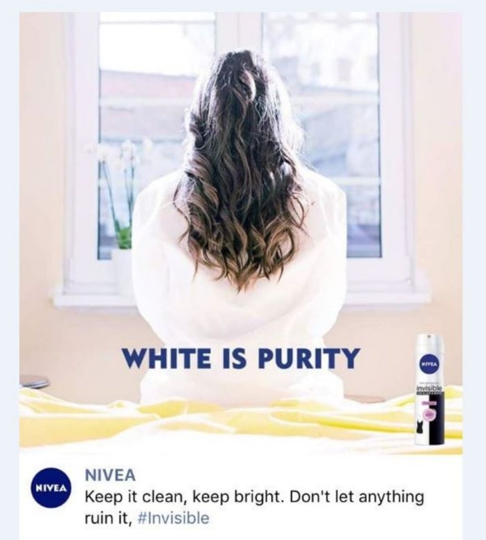 An example of a controversial ad containing loaded words NIVEA’s White is Purity campaign (2017)