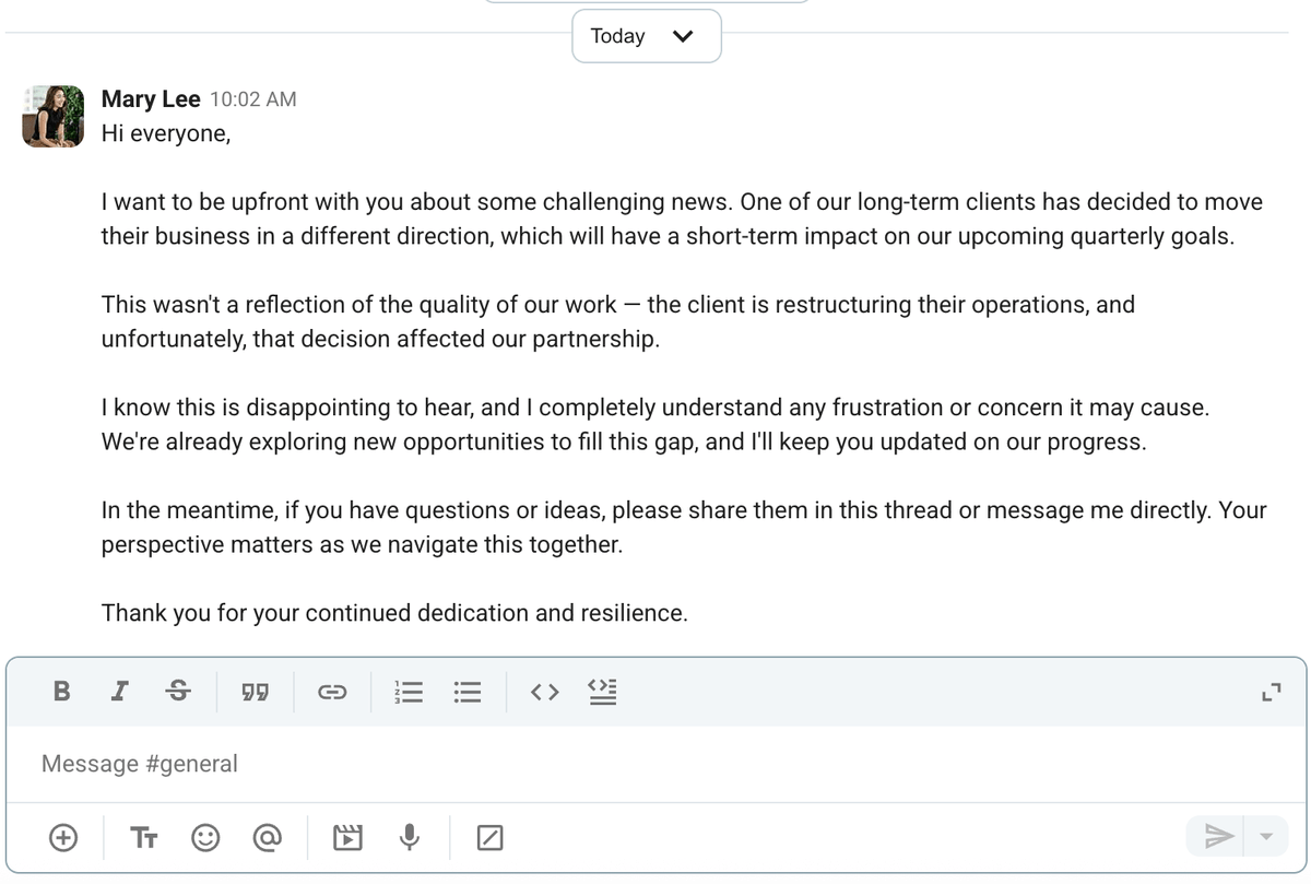 An example of an executive delivering difficult news to the team via Pumble, a business messaging app