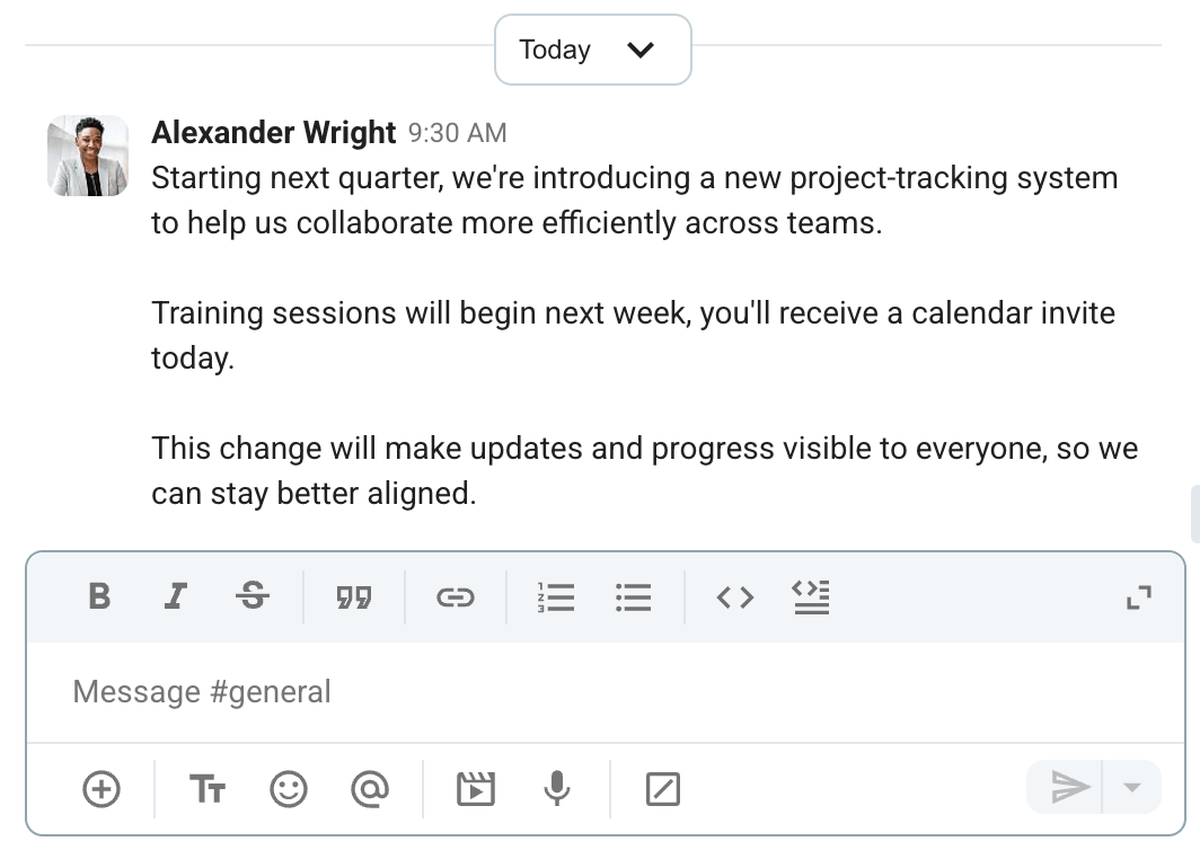 An example of clear and informative executive communication sent in Pumble, a business communication app