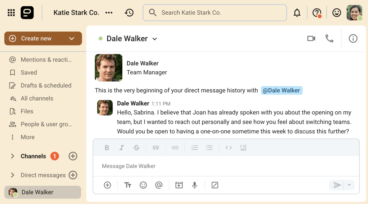 An example of diagonal formal communication on Pumble, the team communication app
