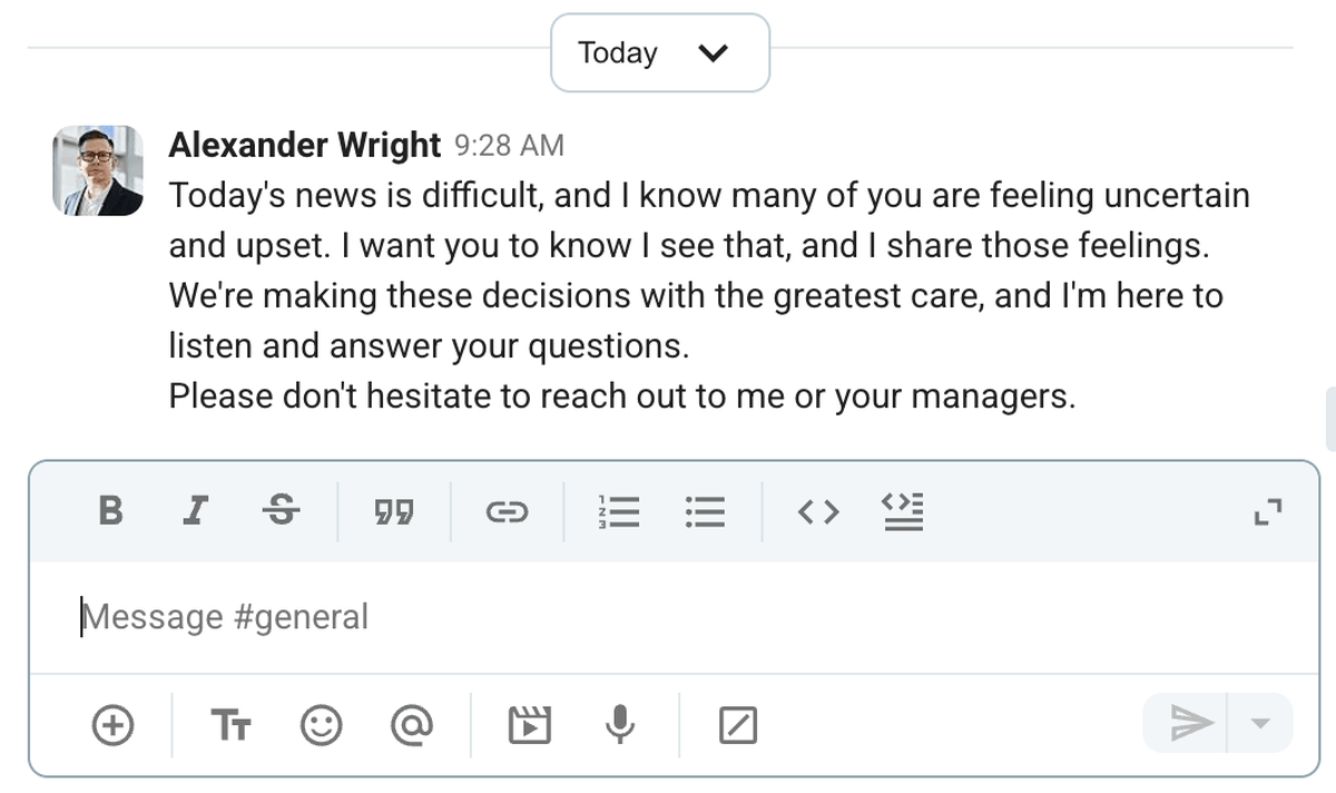 An example of empathetic executive communication sent in a Pumble channel