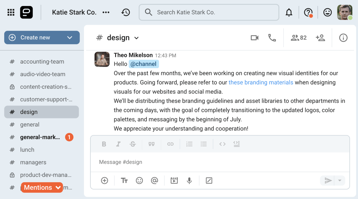 An example of formal communication on Pumble, the business messaging app
