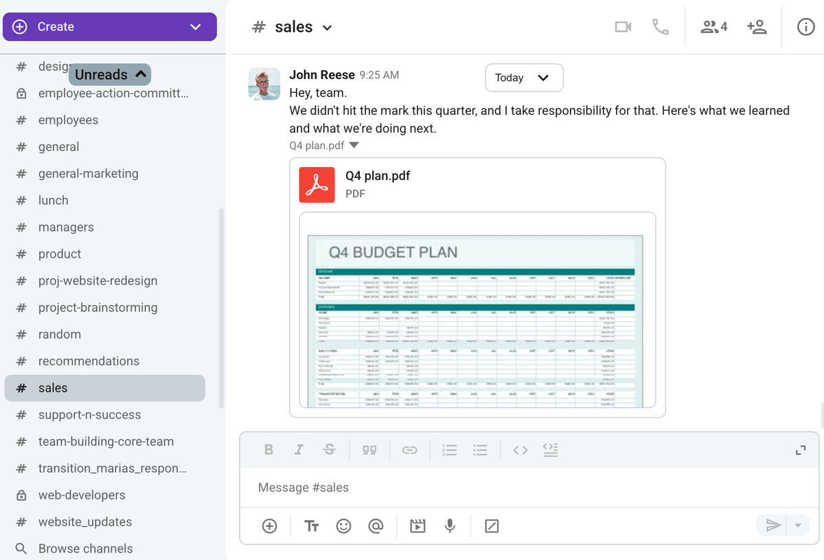An example of honest and open executive communication sent via Pumble, a team communication app