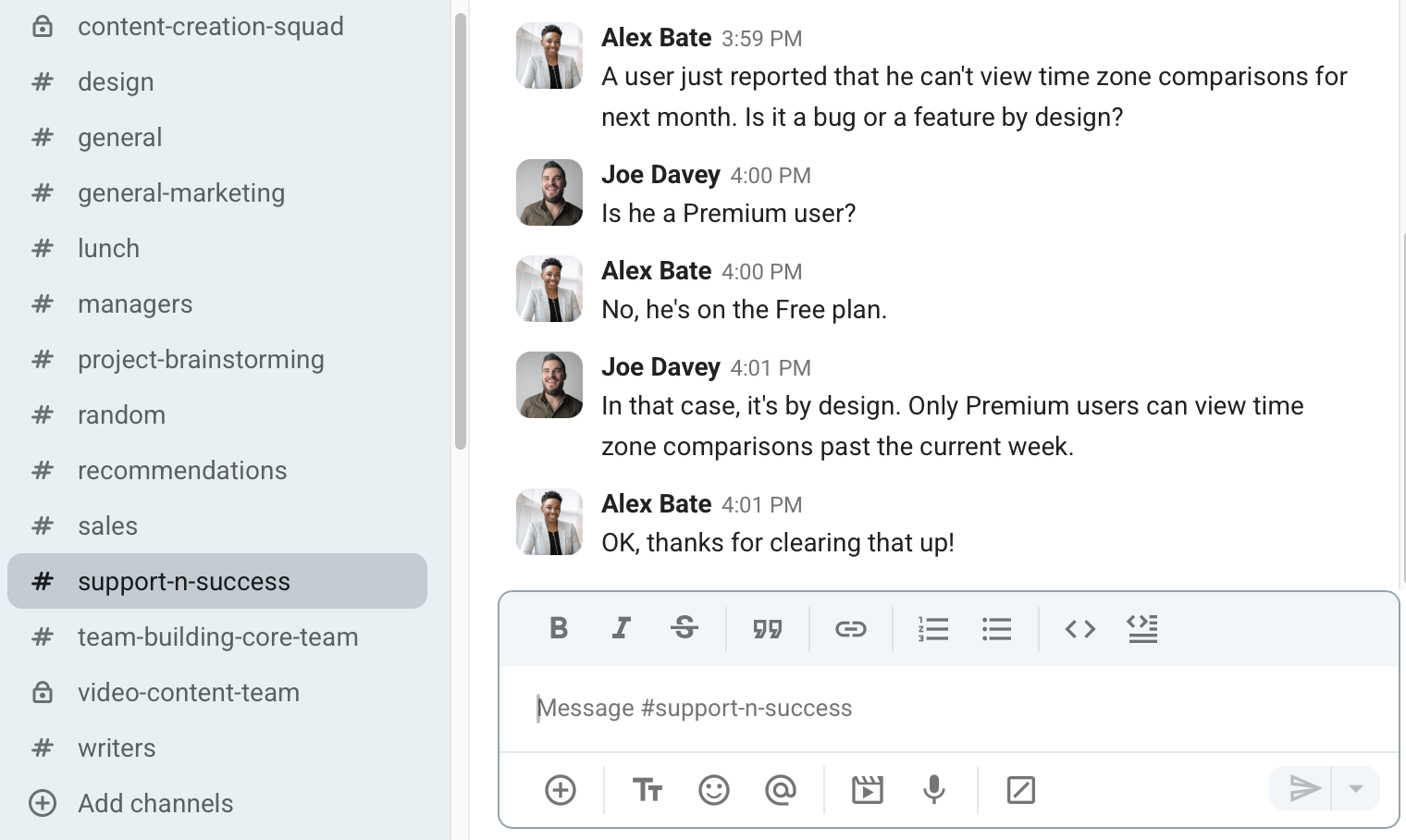 An example of instant communication in Pumble, a team communication app