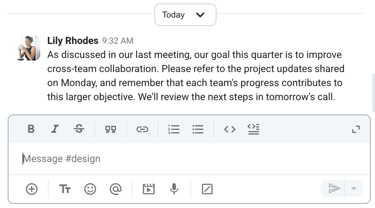 An example of maintaining consistency in executive communication via Pumble, a team communication app
