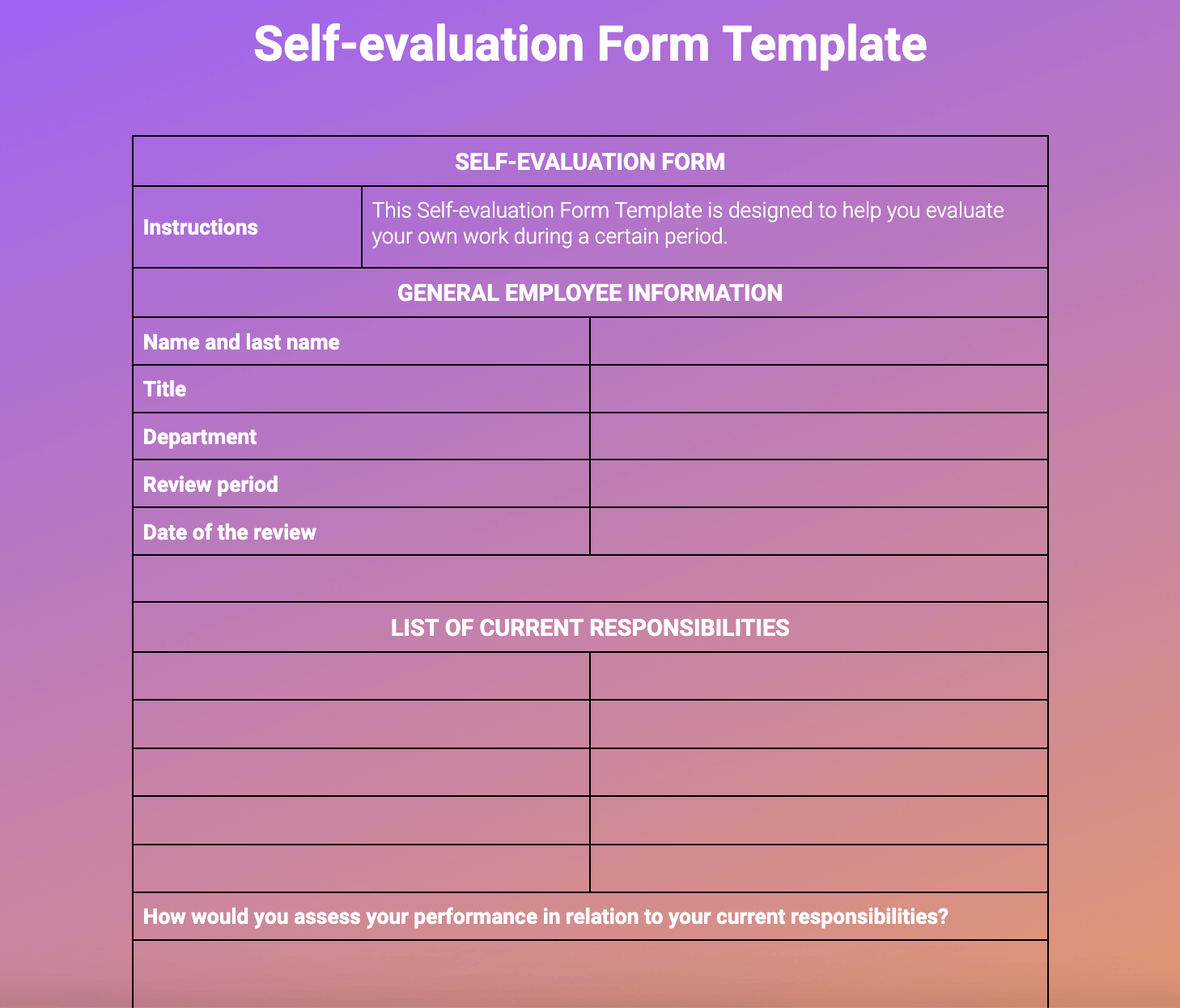 An example of our self-evaluation form template
