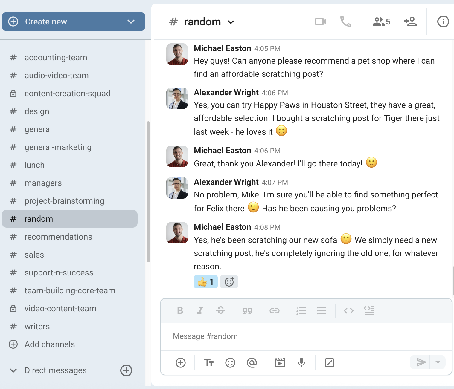 An informal chat in Pumble, a team communication app