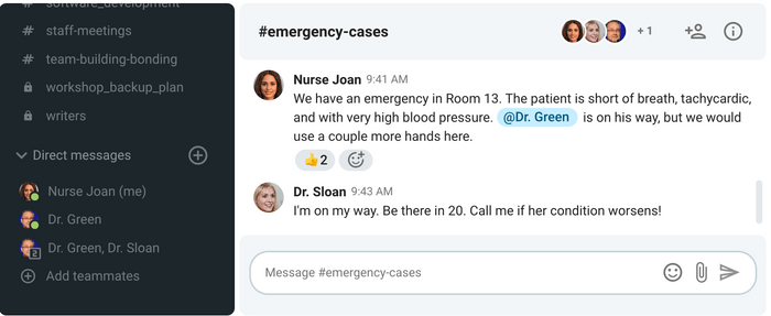 Notifying healthcare workers about emergencies in Pumble, a business messaging app