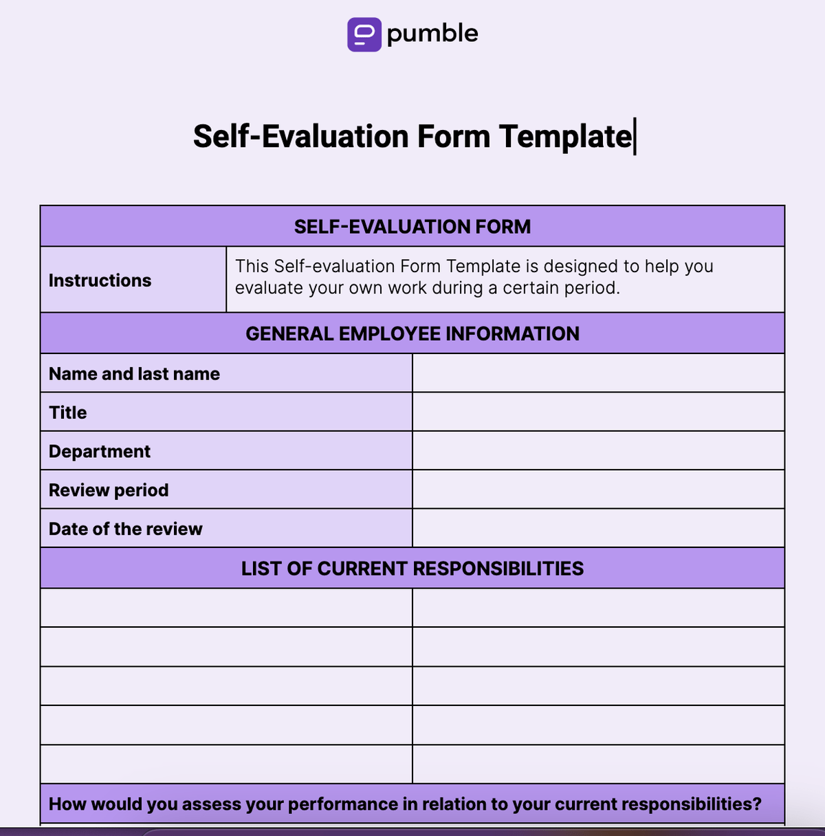 Self-Evaluation Form Template