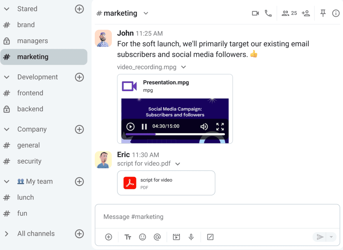 Send messages and post files in public or private channels in Pumble