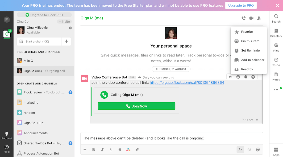 A bot message lingers in Flock