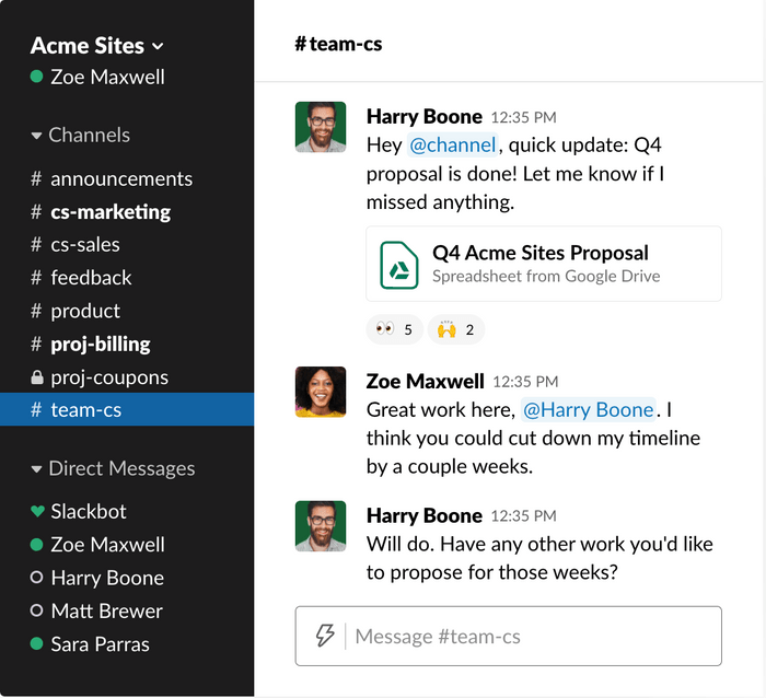 A close-up of a team conversation in Slack