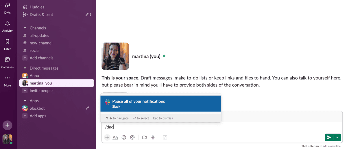Activate Do Not Disturb mode and pause notifications in Slack