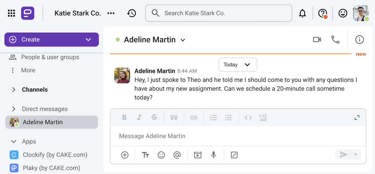 Adeline states her intent on Pumble, a team communication app
