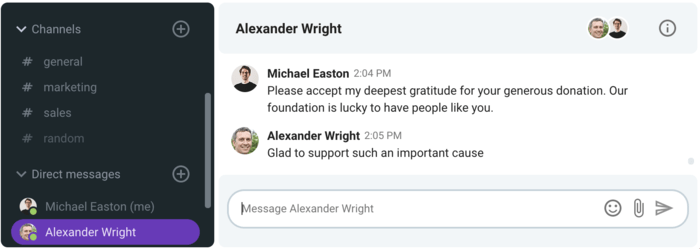 An example of a formal thank you in Pumble (team chat app)