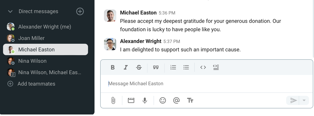 An example of a formal thank you in Pumble (team communication app)