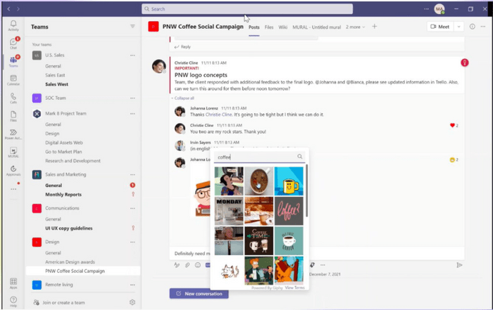 An example of a team conversation in Microsoft Teams